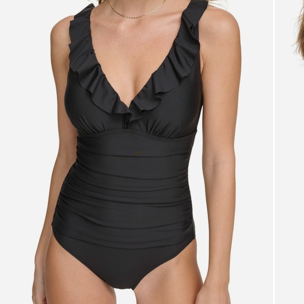 DKNY Black Ruffle One-Piece Swimsuit Size Large / Never Worn